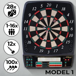 LED display dartskive - 28 spil, 131 spilvarianter, inklusive 12 dartpile, 100 erstatningspilespidser og strømforsyning